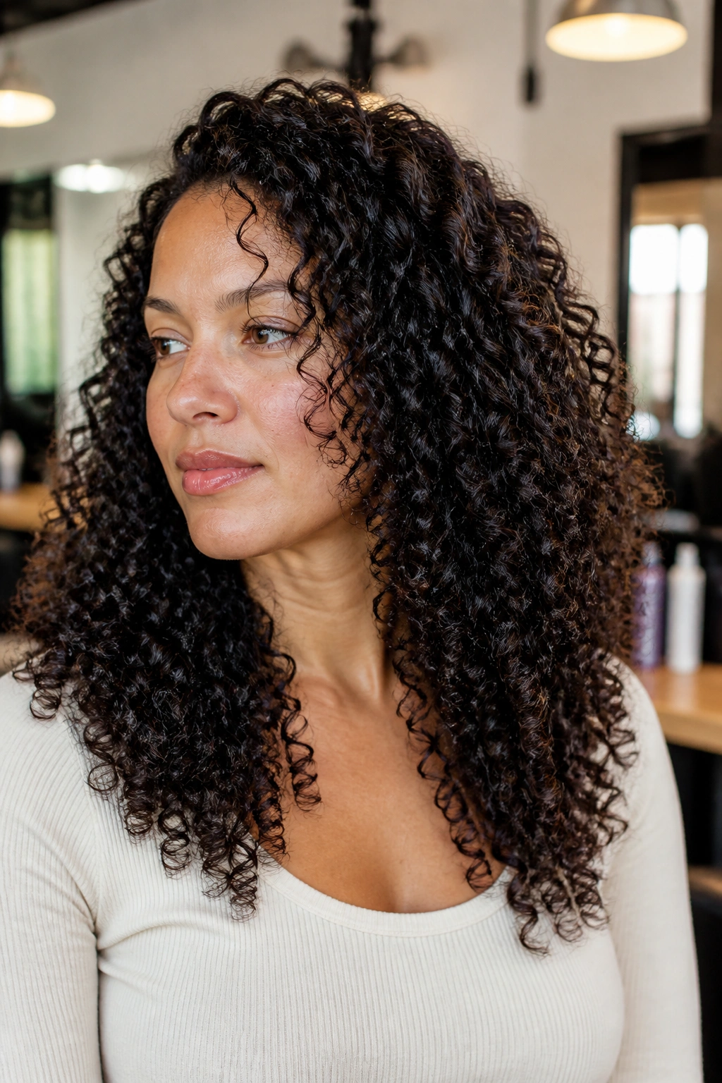 Close-up of a real woman with dense curls showing tapered ends for a cleaner fall.