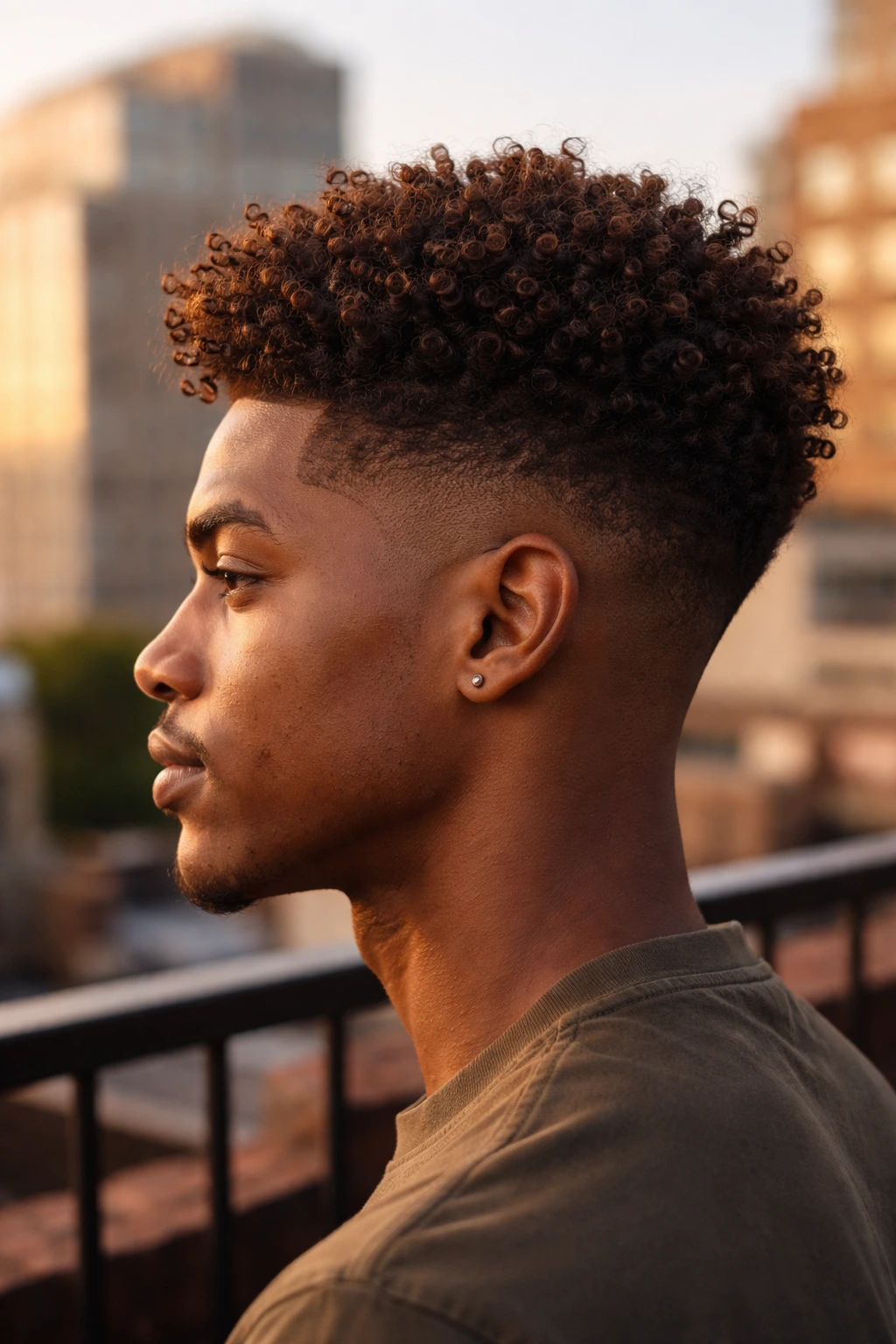 Close-up side profile of a person with a tapered chocolate fade and coily crown.