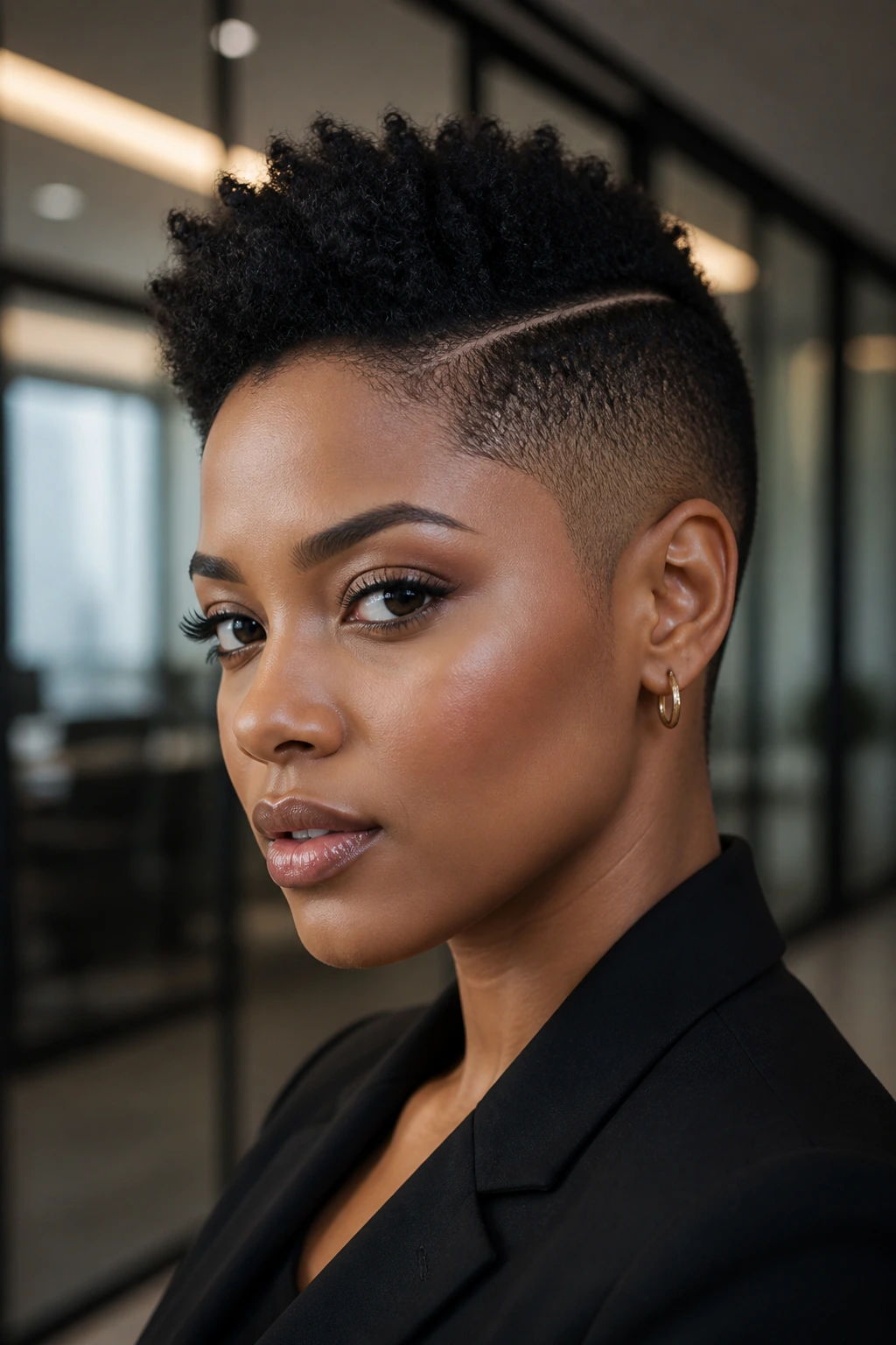 Close-up of a woman with tapered fade Mohawk and side part in an office setting
