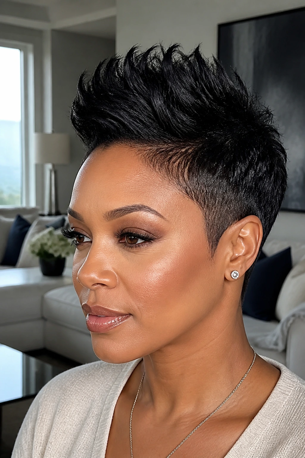 Close-up of a Black woman with tapered faux-hawk pixie