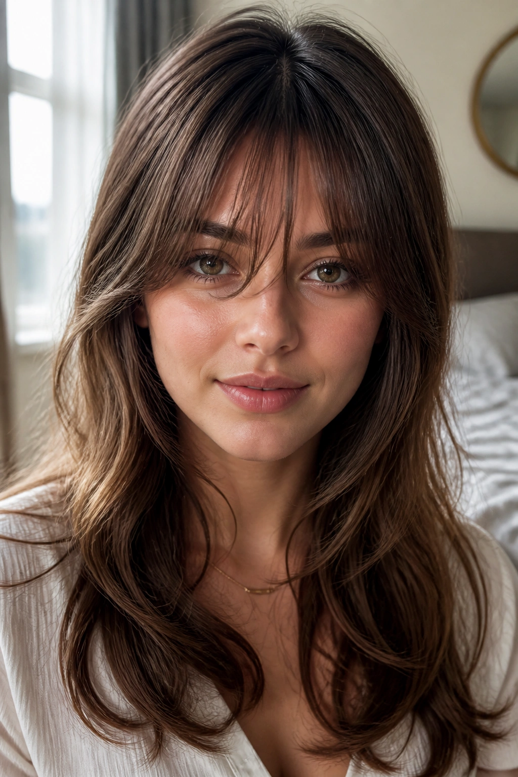 Close-up portrait with tapered feathered fringe framing the temples