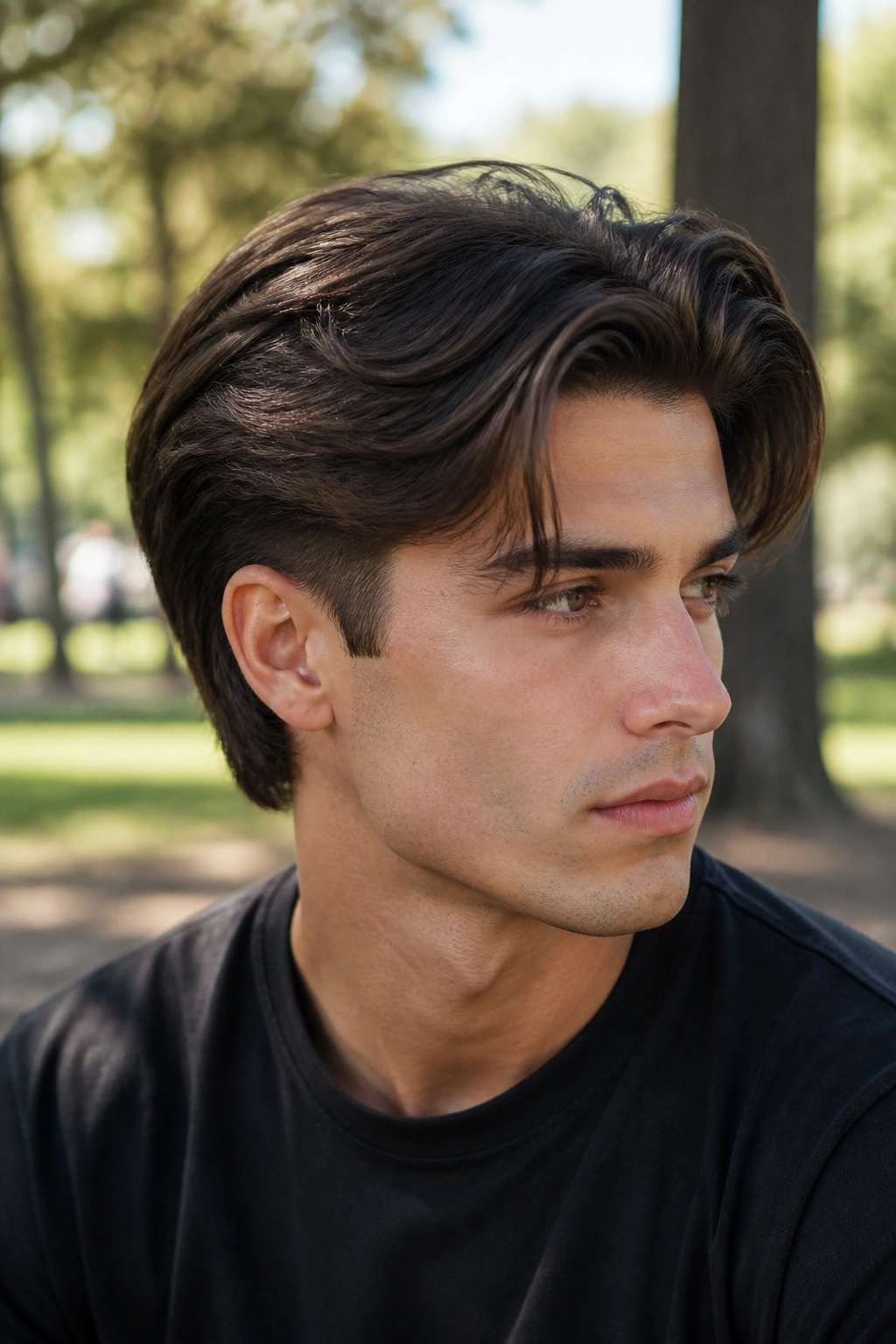 Close-up portrait of a man with a tapered flow cut showing natural movement