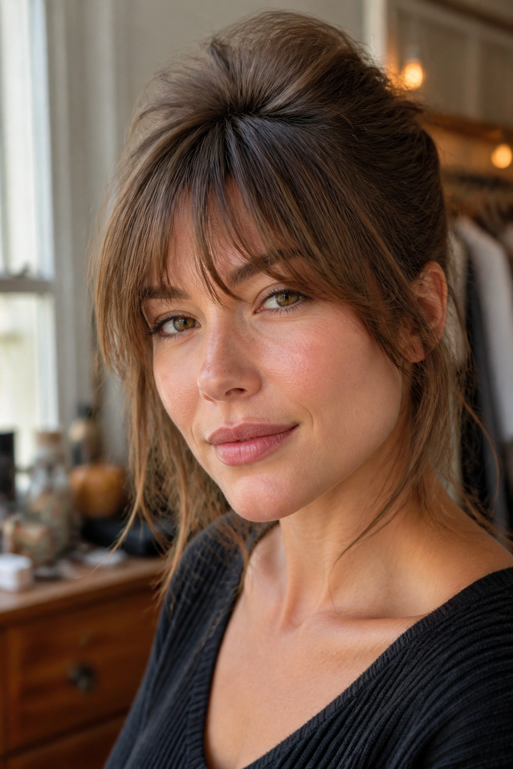 Close-up of tapered fringe with crown lift on a real person in a cozy dressing room