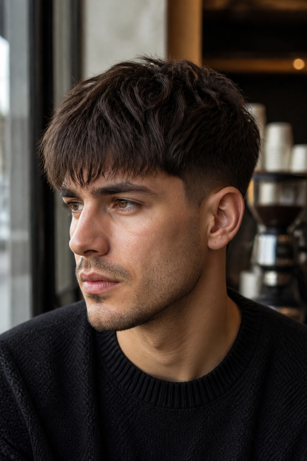 Close-up of a man with a tapered fringe blending into the haircut under natural light.