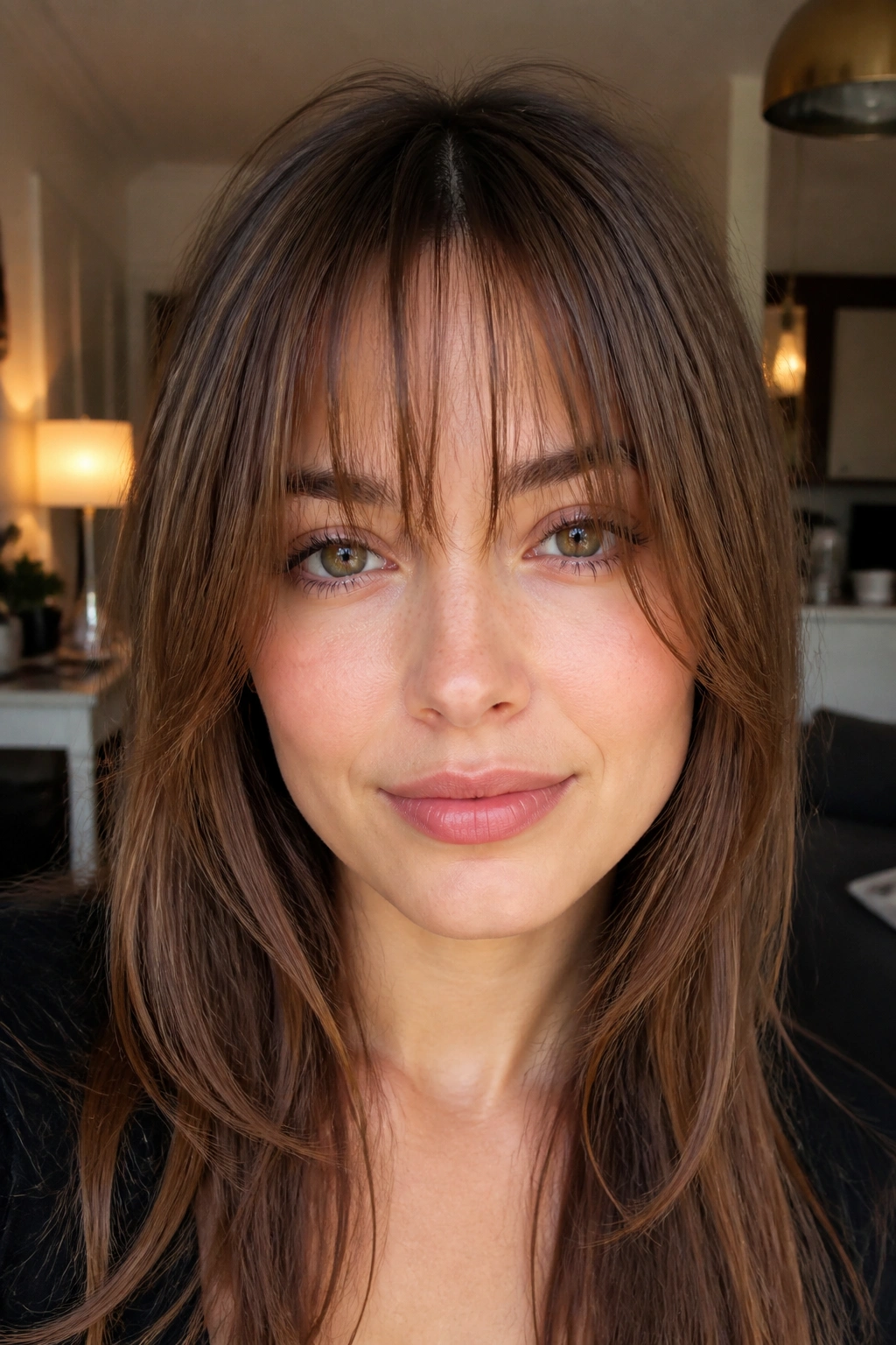 Real woman with tapered fringe and invisible layers framing the face