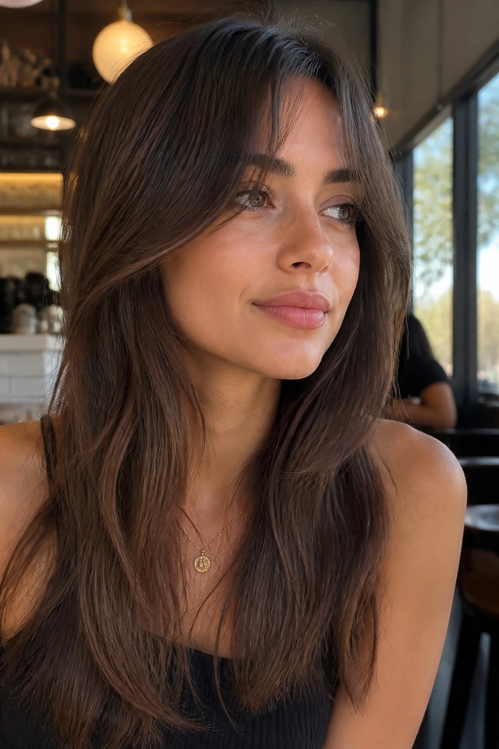 Close-up portrait of a real woman with tapered long fringe blending into the length, natural daylight.