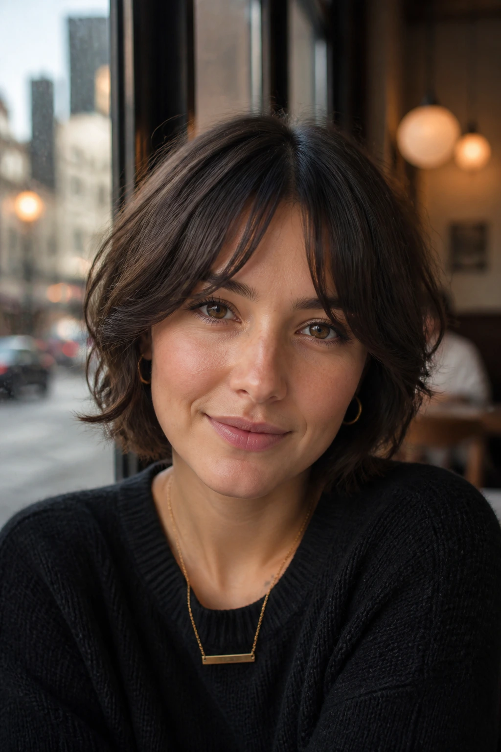 Close-up portrait of a real woman with a middle-opening tapered fringe by a cafe window