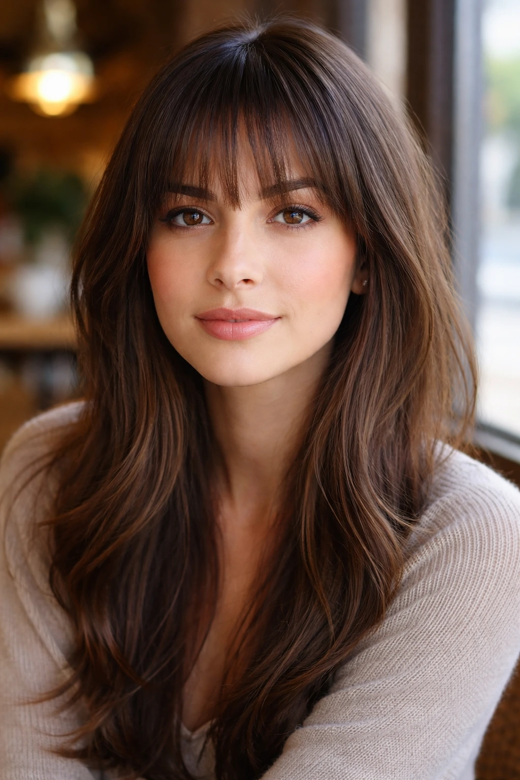 Close-up of a real person with a tapered fringe in a cozy cafe setting