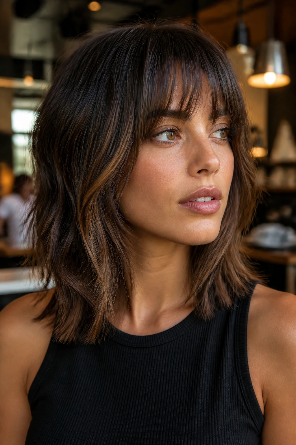Close-up of brunette woman with tapered fringe and shaggy midi cut