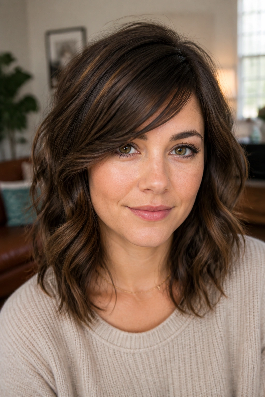 Close-up portrait of a real woman with tapered side fringe on wavy hair in warm window light