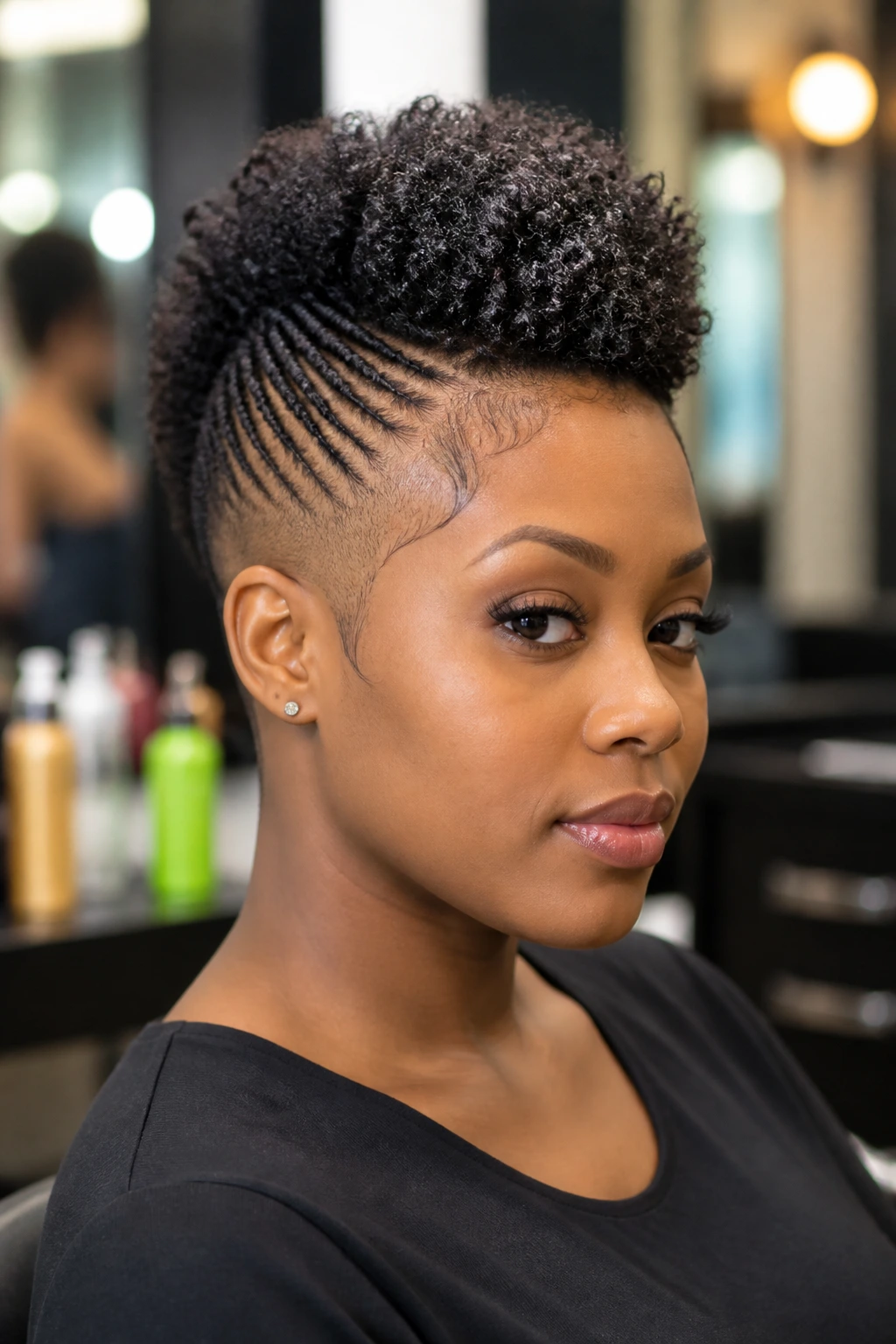 Close-up of a real Black woman with a tapered fro-hawk crochet in a salon setting.