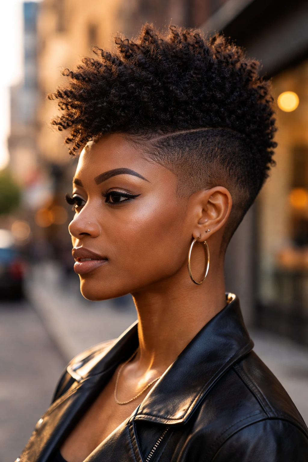 Close-up of a real person with a tapered fro-hawk, faded sides and tall center strip, outdoors at golden hour