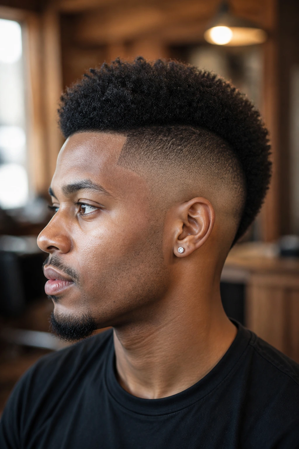 Close-up portrait of a real person with a tapered fro-hawk in a barbershop setting.