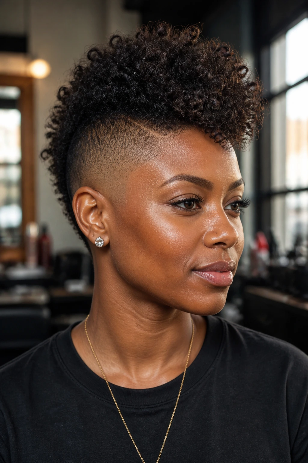 Close-up portrait of a Black woman with a skin-tight fade and tall central frohawk
