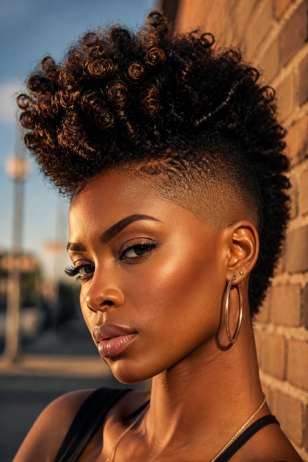 Close-up portrait of a Black woman with a tapered fro-hawk against a brick wall at golden hour