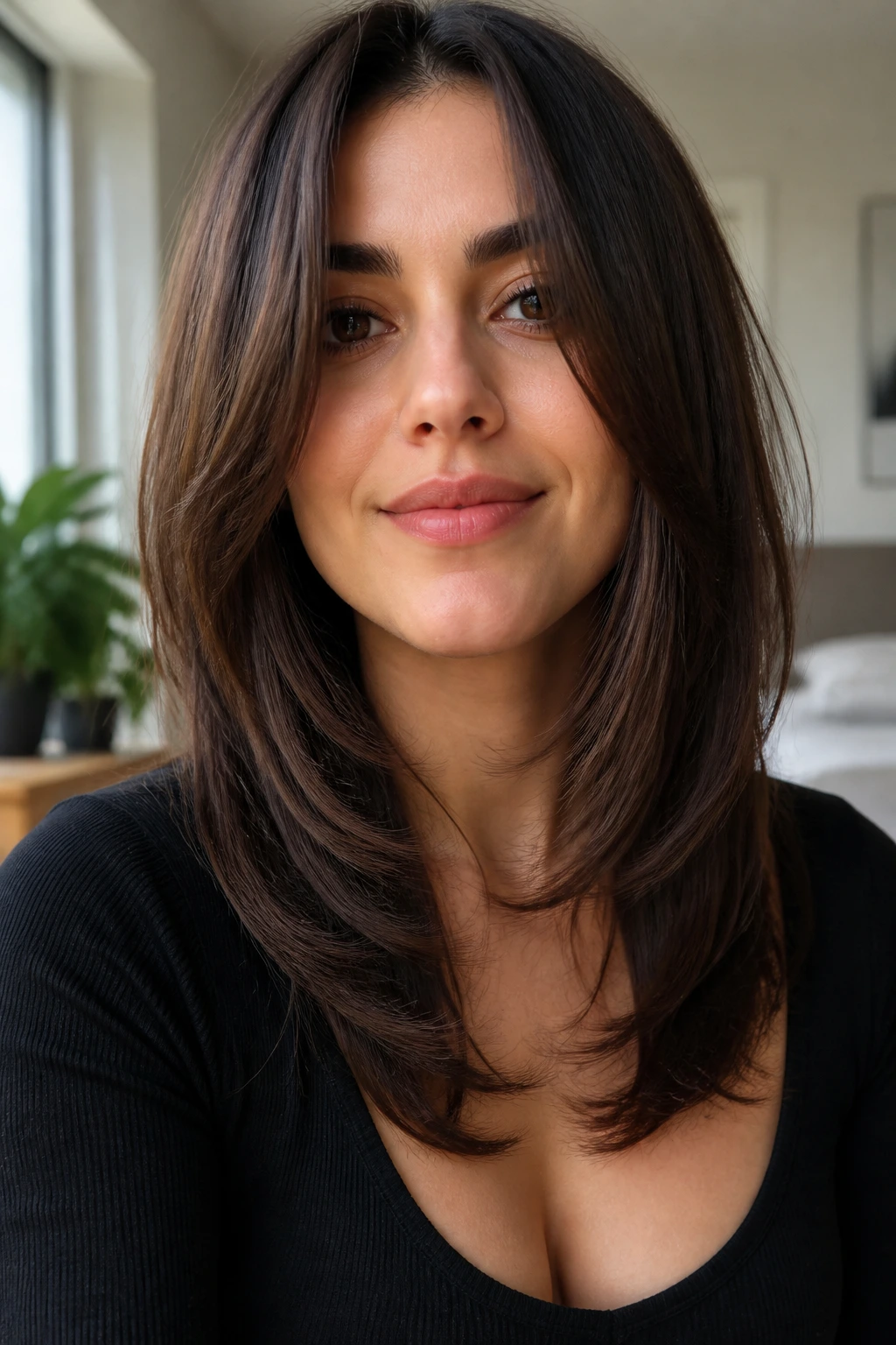 Close-up portrait of tapered front layers starting below lips on a real woman