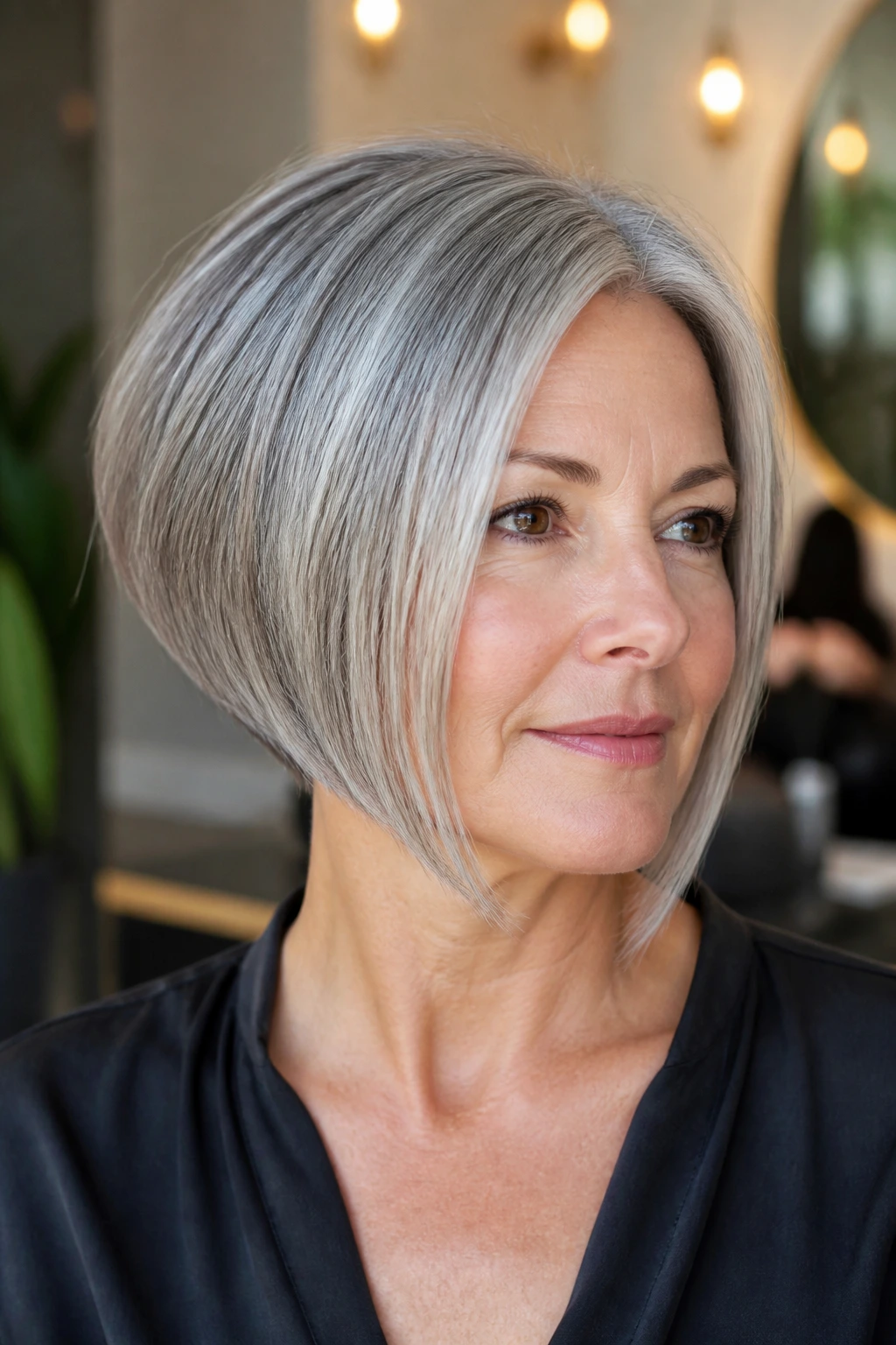 Close-up of a real person with a tapered back and long front pieces in a grey bob