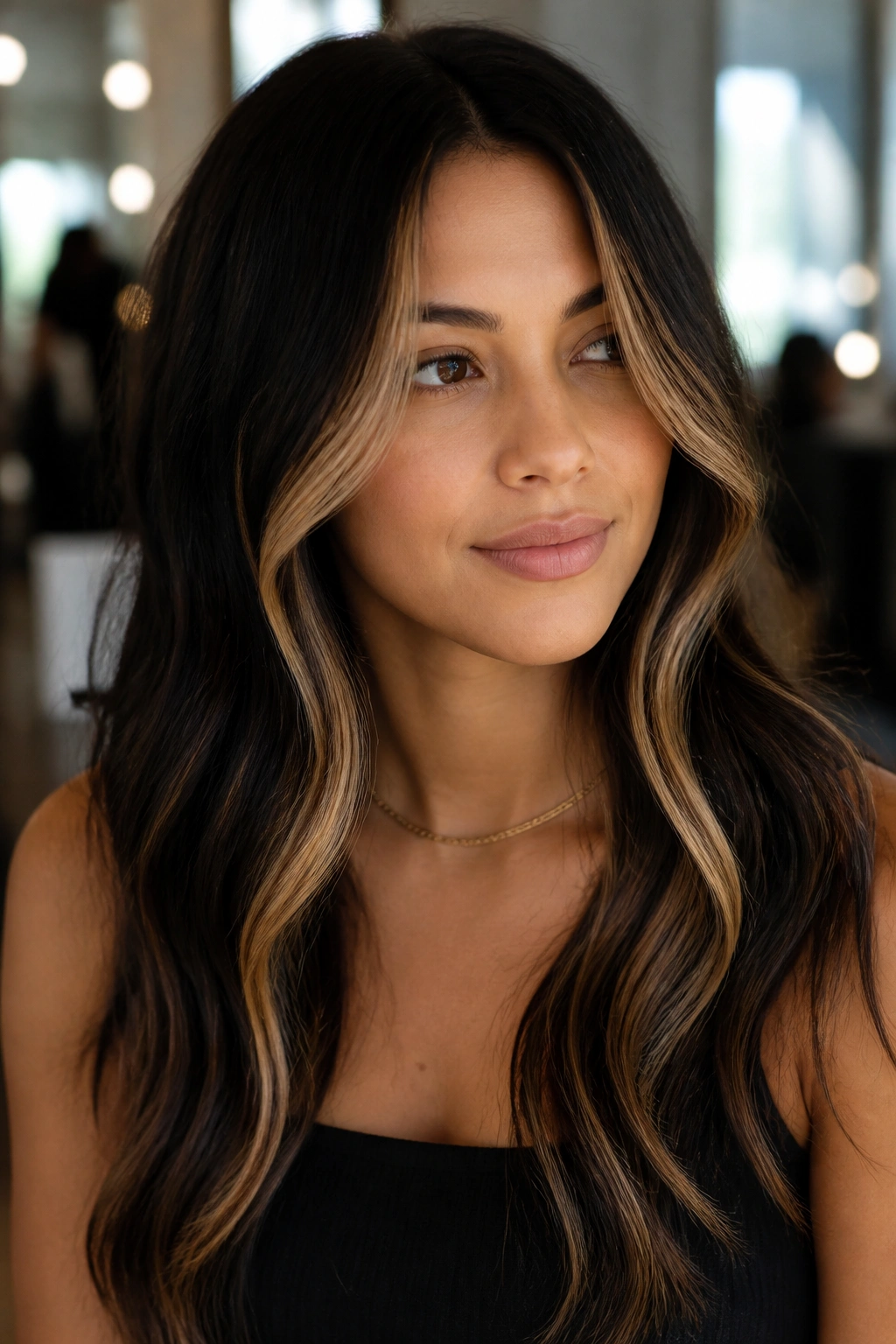 Close-up of a real woman with long wavy black hair and tapered blonde highlights starting at the lip line.