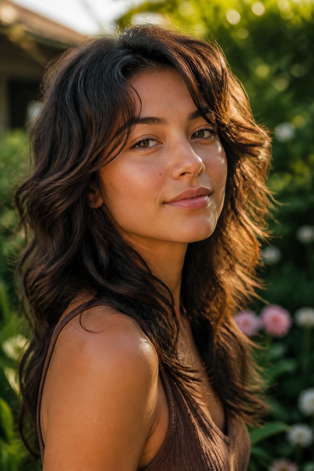 Close-up of a real woman with natural waves and tapered layers in garden light