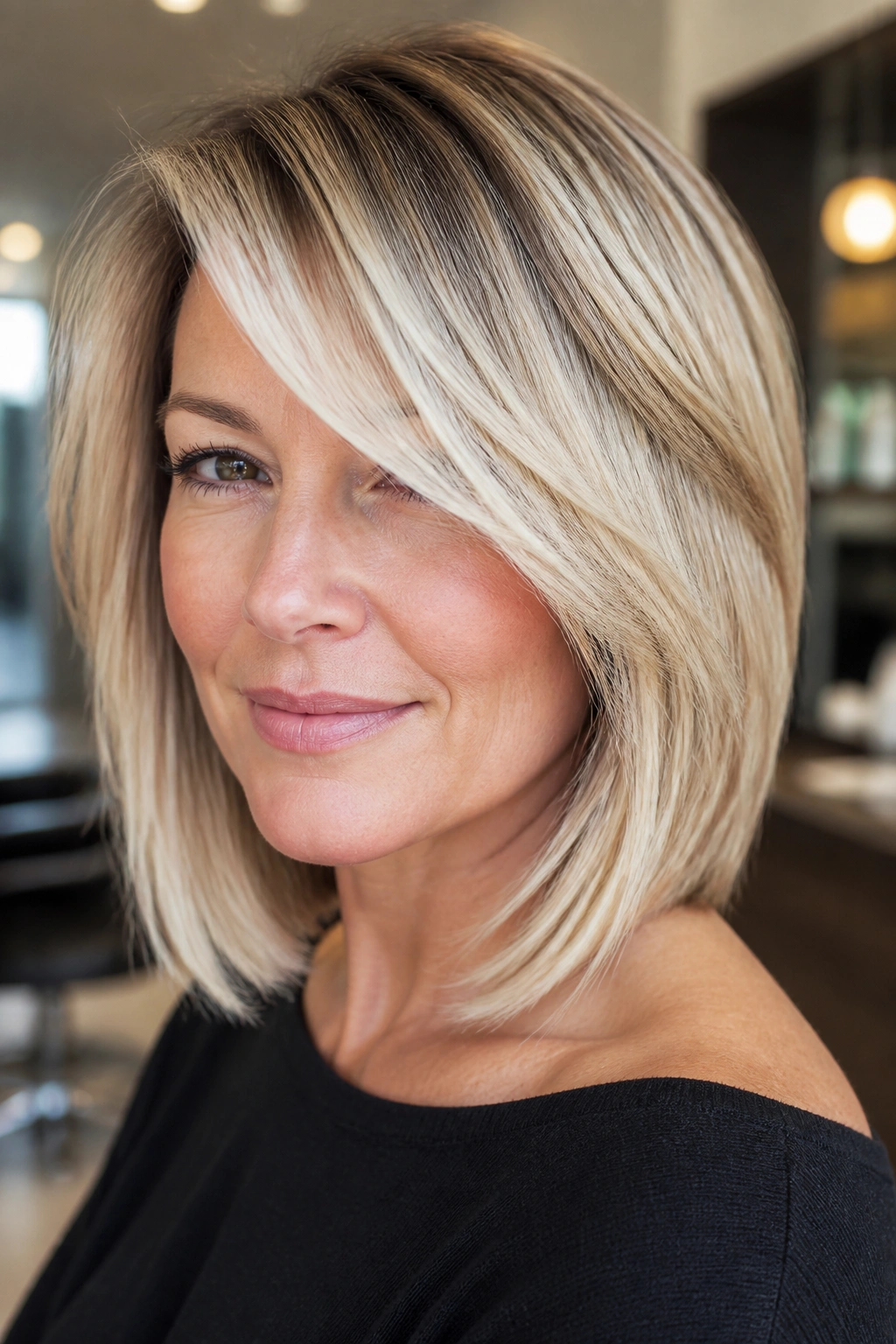 Close-up portrait of a real woman with tapered lob and side-swept fringe in creamy blonde with darker underlayer