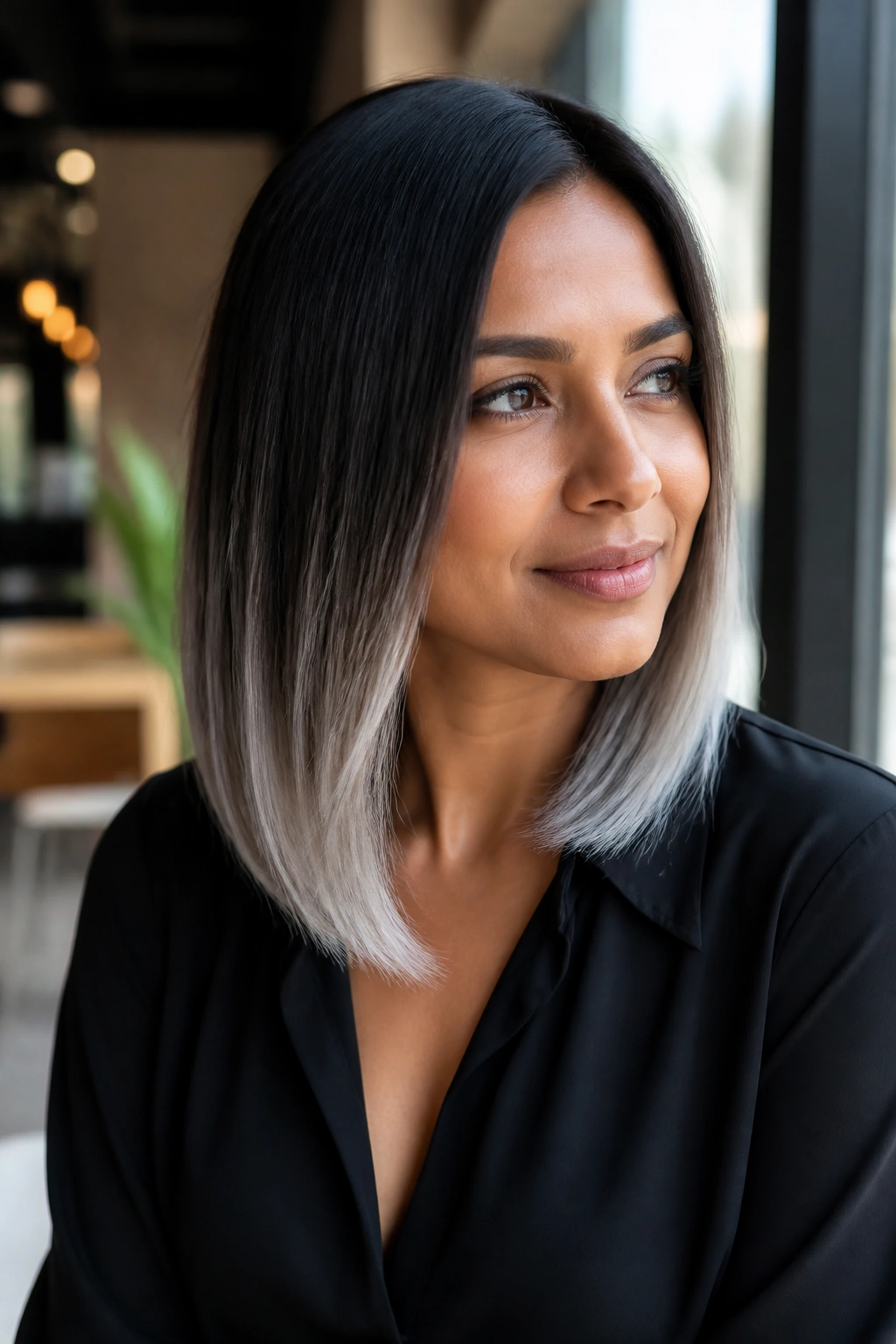 Real woman with a tapered lob and silver ends