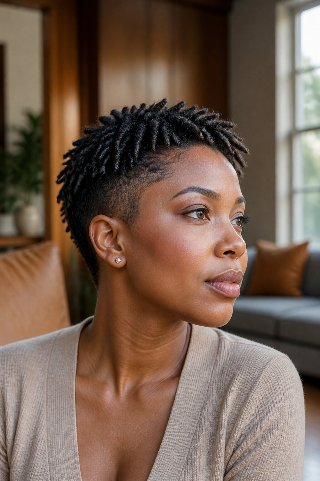 Medium close-up of a woman with tapered short locs and narrow neckline in a cozy living room.