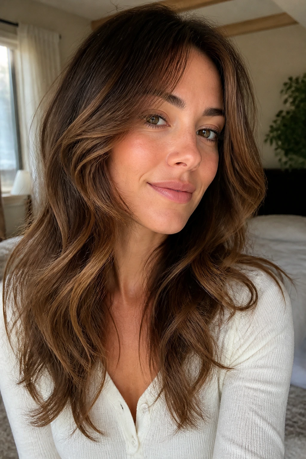 Real woman with long tapered layers starting below the chin.