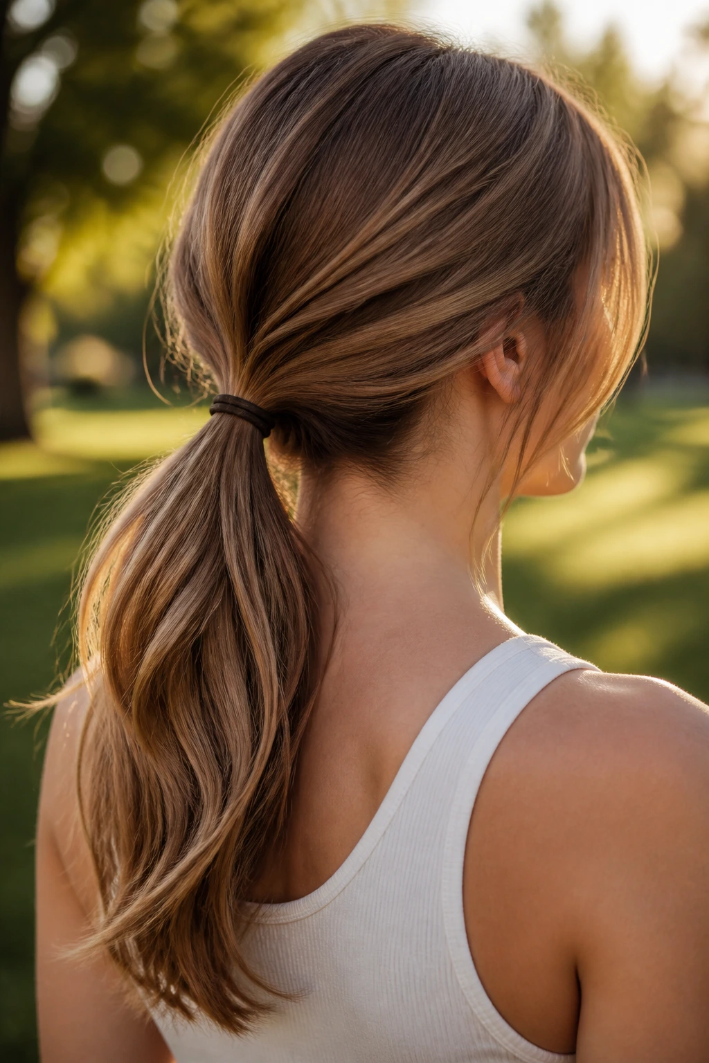 Back profile of a real woman with tapered long layers and a low ponytail.