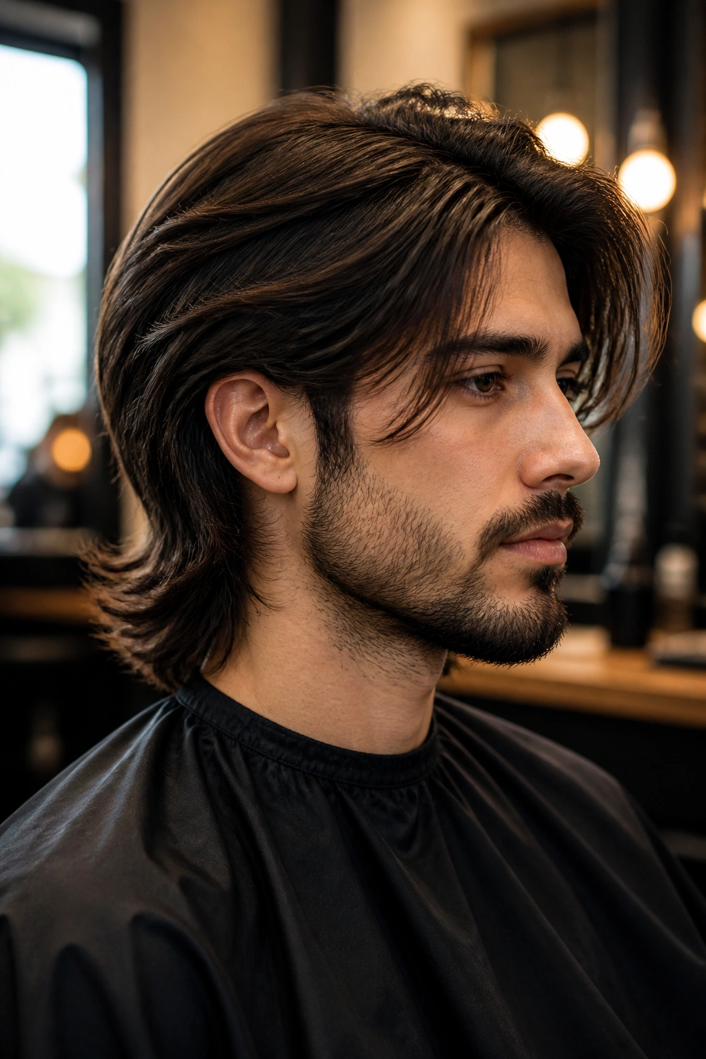 Man with tapered long layers hairstyle in a barber shop interior
