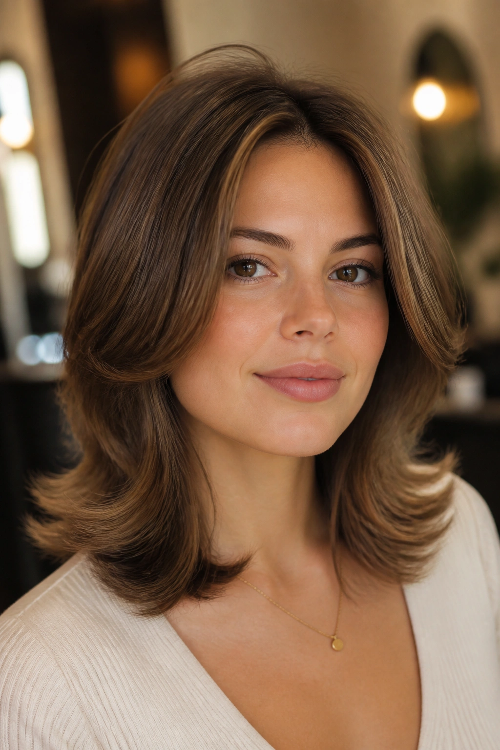 Close-up of a person showing a tapered medium cut with outward-turned ends
