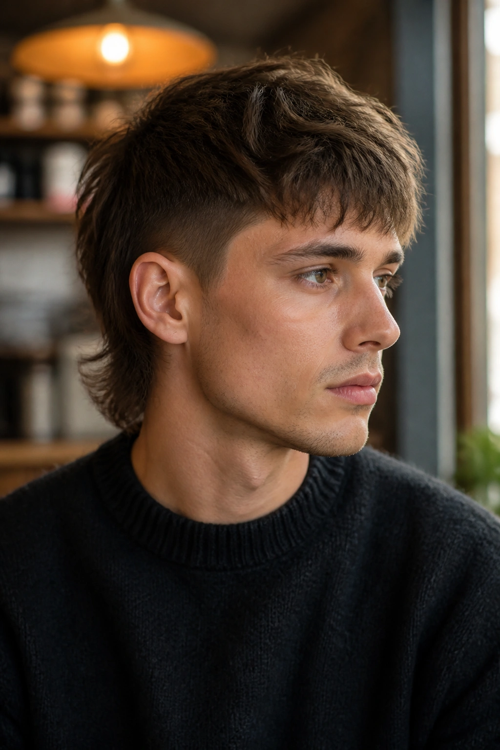 Close-up portrait of a real person with a tapered business-alt mullet featuring clean sides and collar-length back.