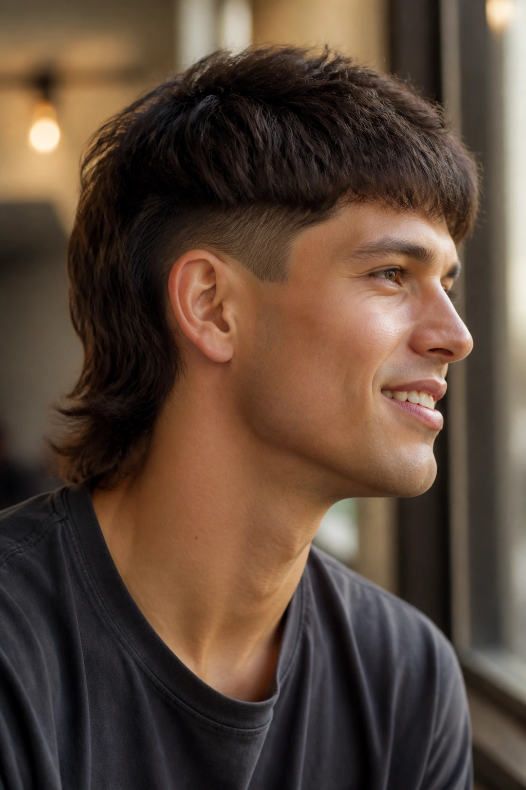 Close-up portrait of a real person with tapered mullet and clean finish in cafe light