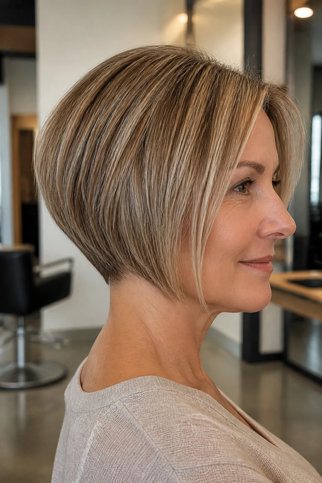 Portrait of a real woman with a tapered nape bob for fine hair in a modern salon.