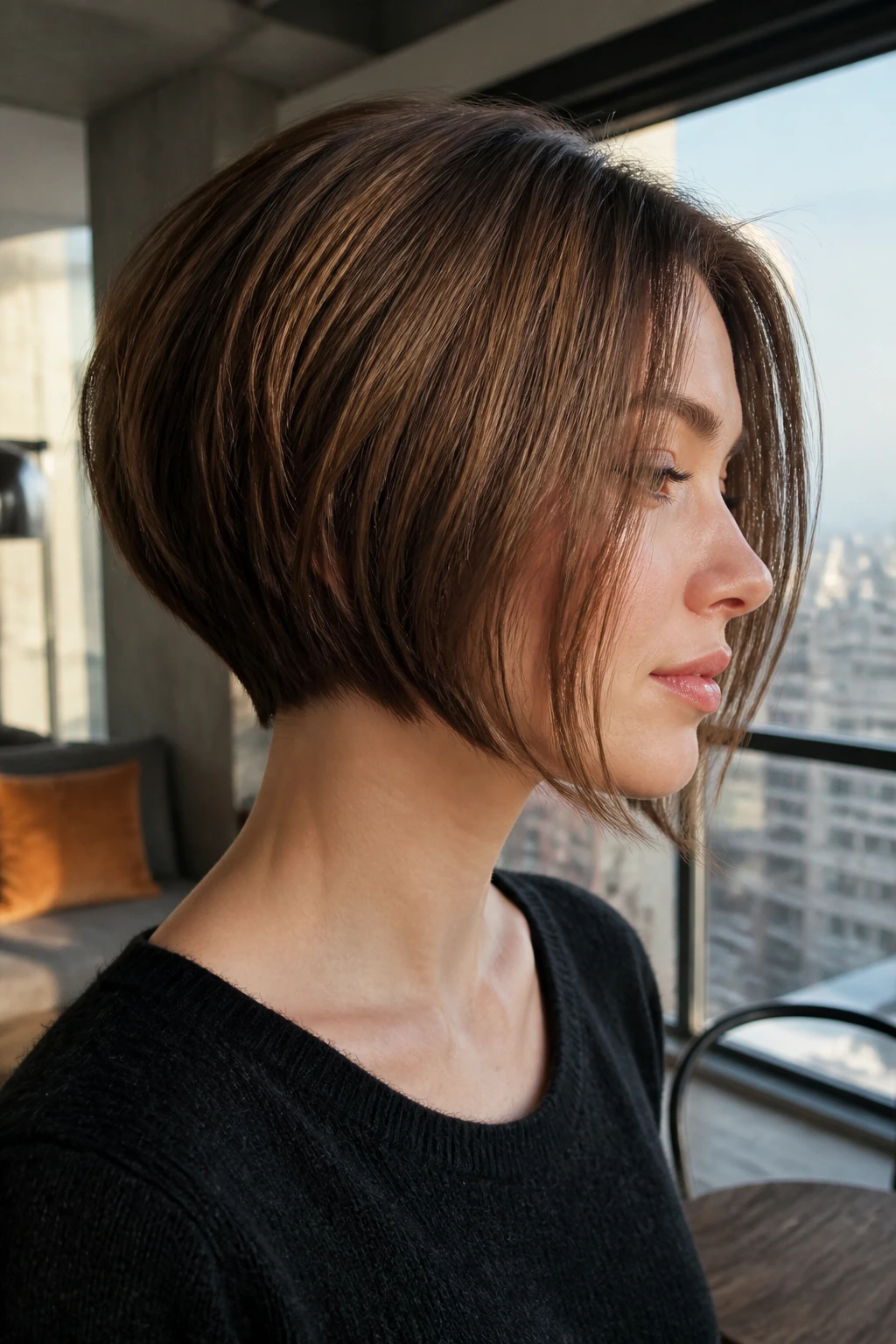 Close-up portrait of a real woman with a tapered nape bob in daylight