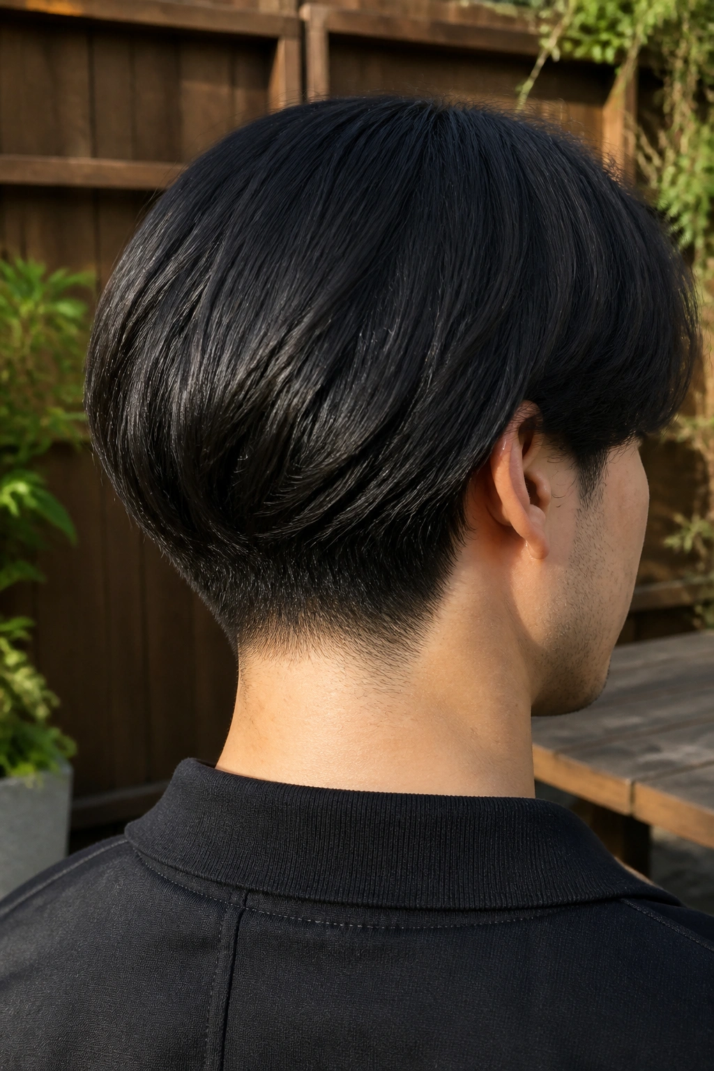 Rear view of a man with a tapered nape bob haircut