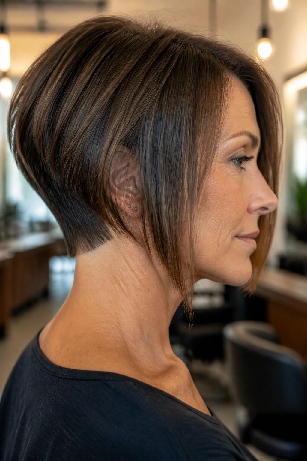Close-up of a real woman with tapered nape bob in a warm salon setting