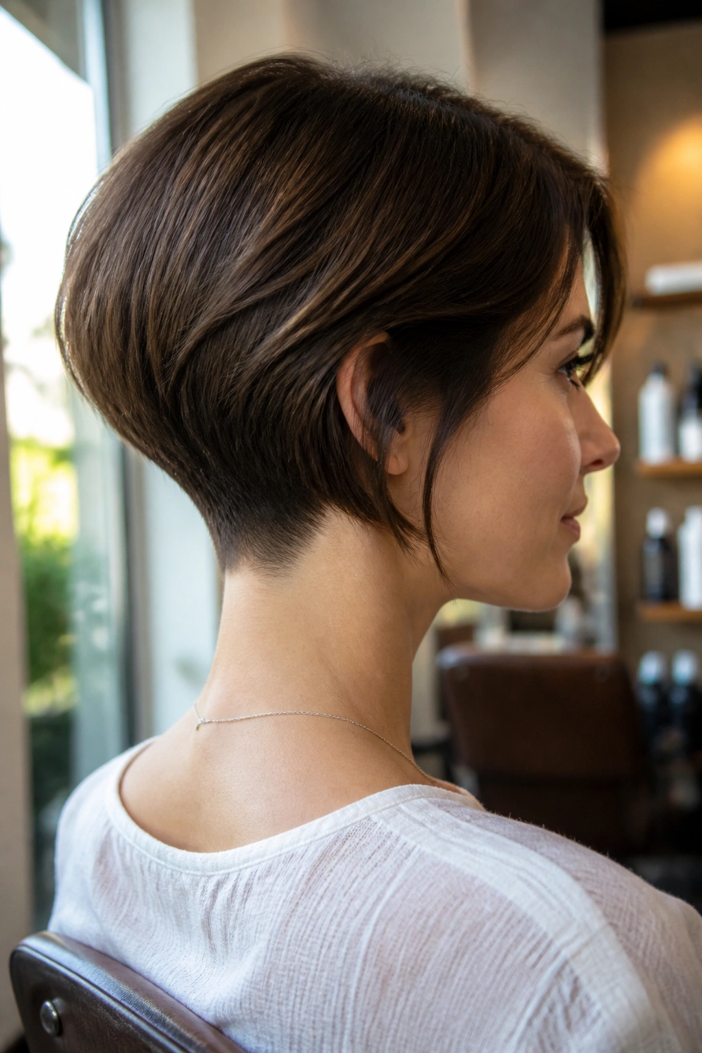 Close-up portrait of a real woman with a tapered nape bob, showing crisp silhouette and elongated neck