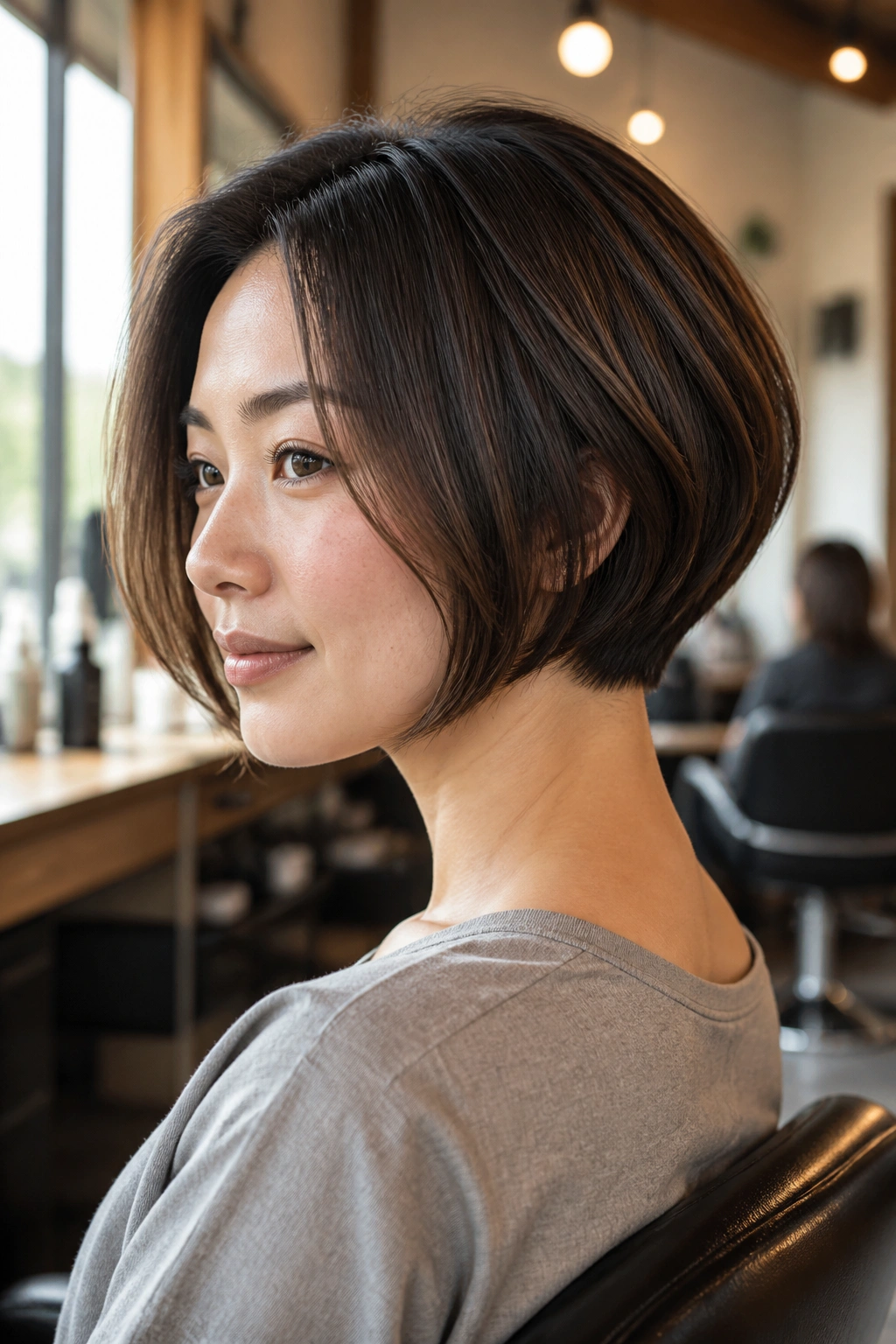 Close-up portrait of a real woman with a tapered nape bob in a warm salon.