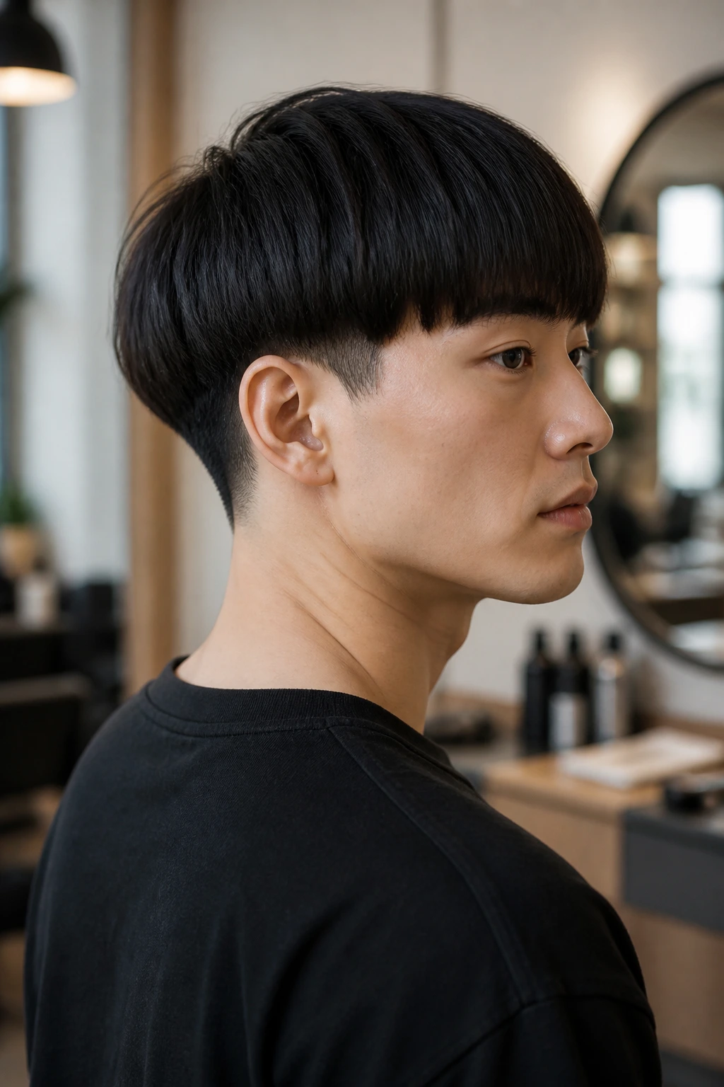 Close-up portrait of a real person with a tapered nape bowl cut, showing a clean back neckline and bold front line