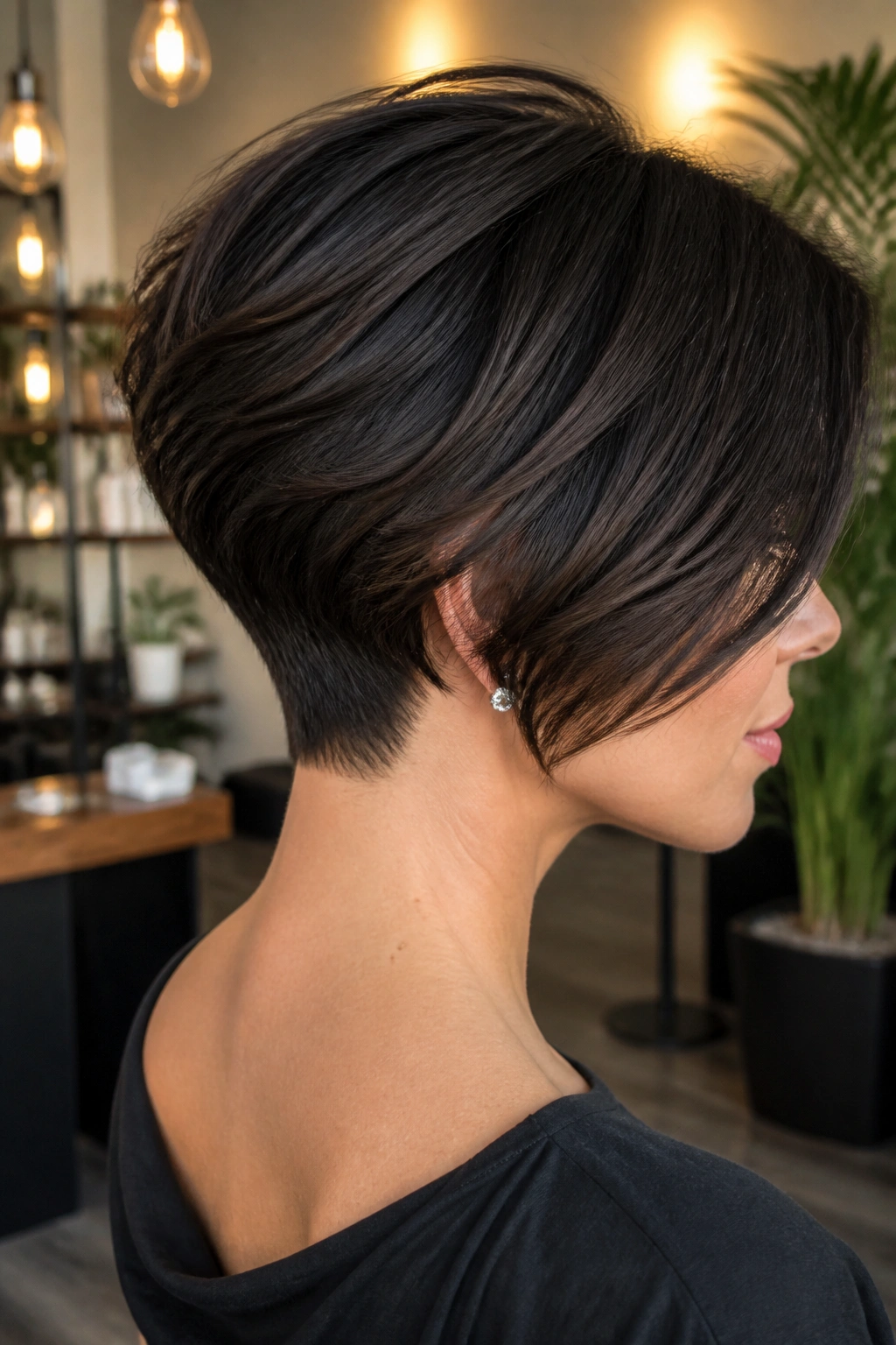 Real person with tapered nape crop and forward-sweeping side layers