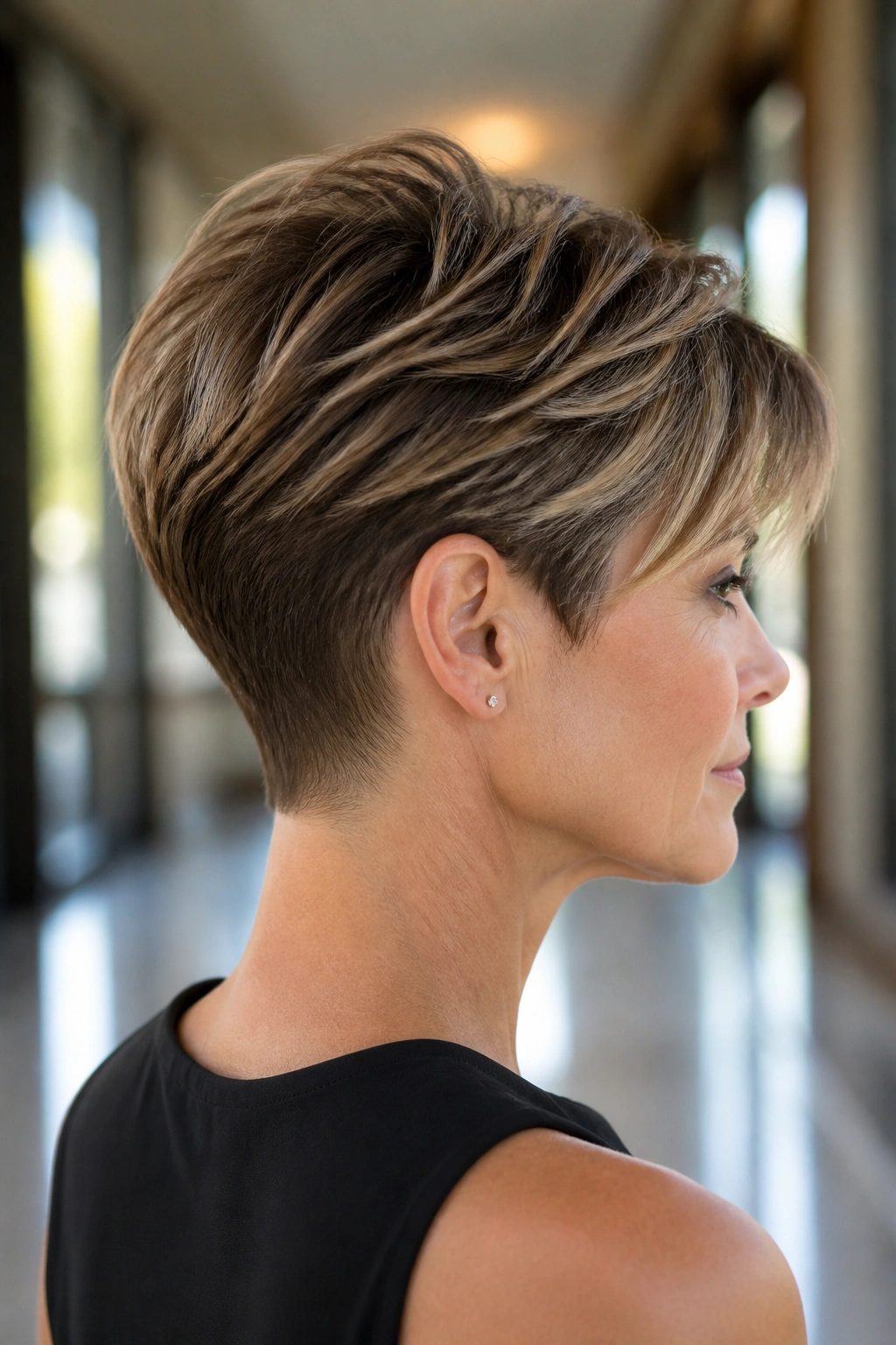 Close-up profile of a real person with a tapered nape cut and longer crown