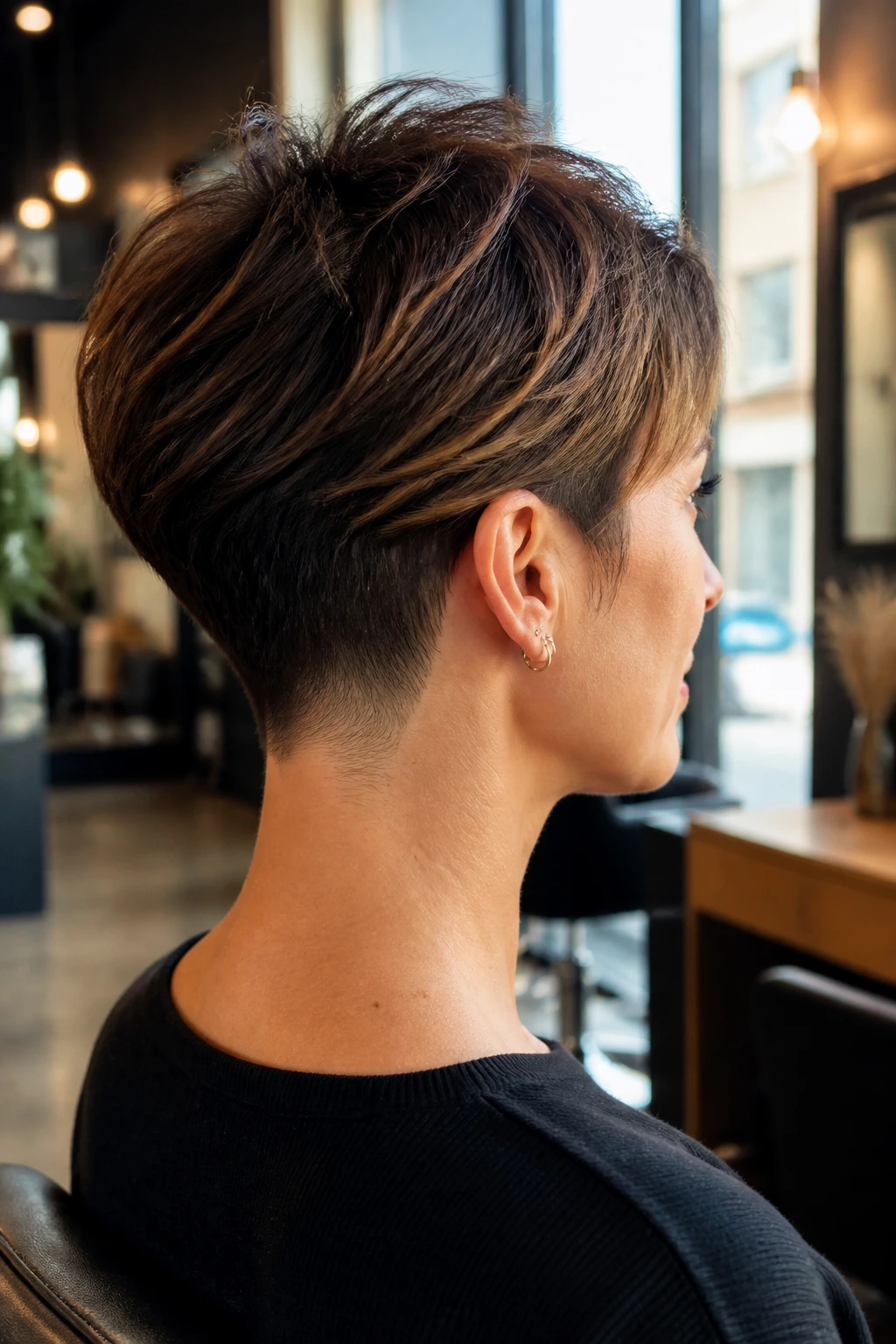 Close-up portrait of a real woman with a tapered nape cut in a chic salon setting.