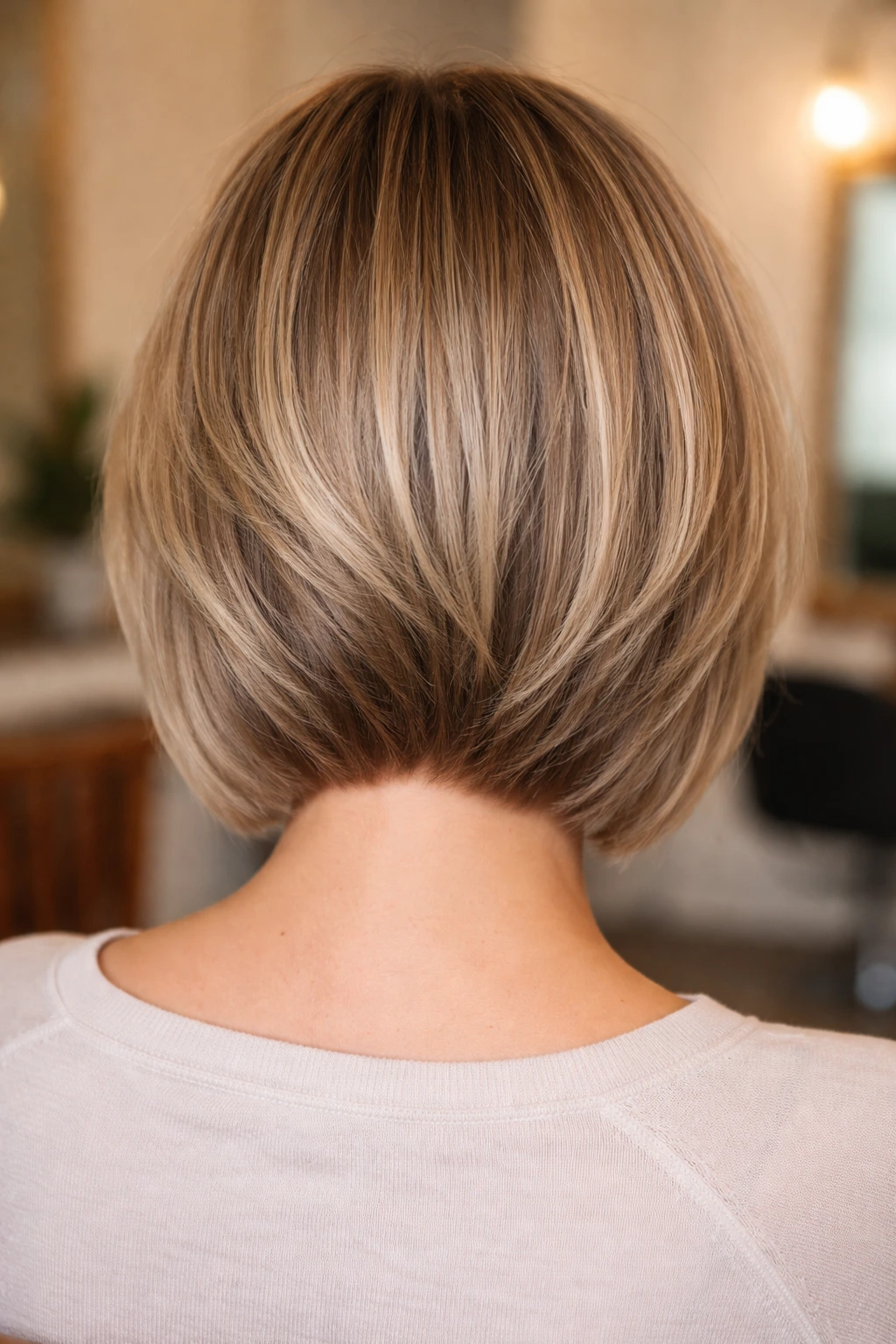 Back view of real woman with tapered nape lob at neck