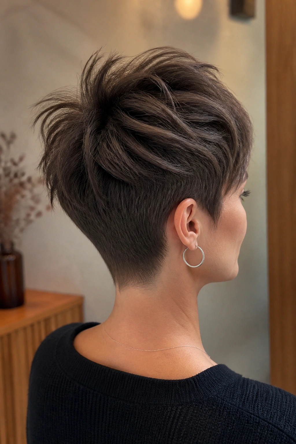Three-quarter rear view of a person with a tapered nape pixie showing a lifted top