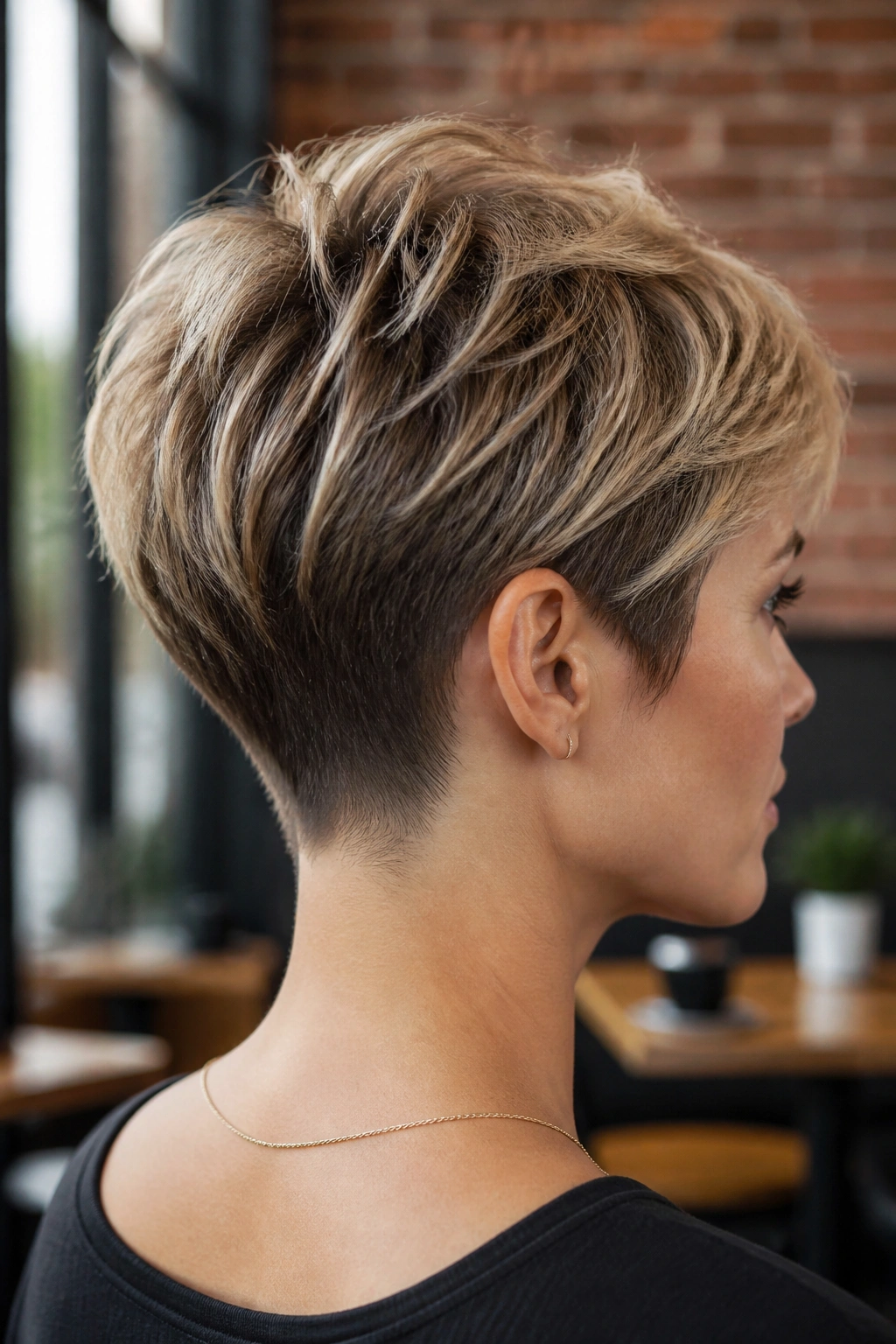Back view close-up of real woman with tapered nape pixie, crisp neckline, urban backdrop.