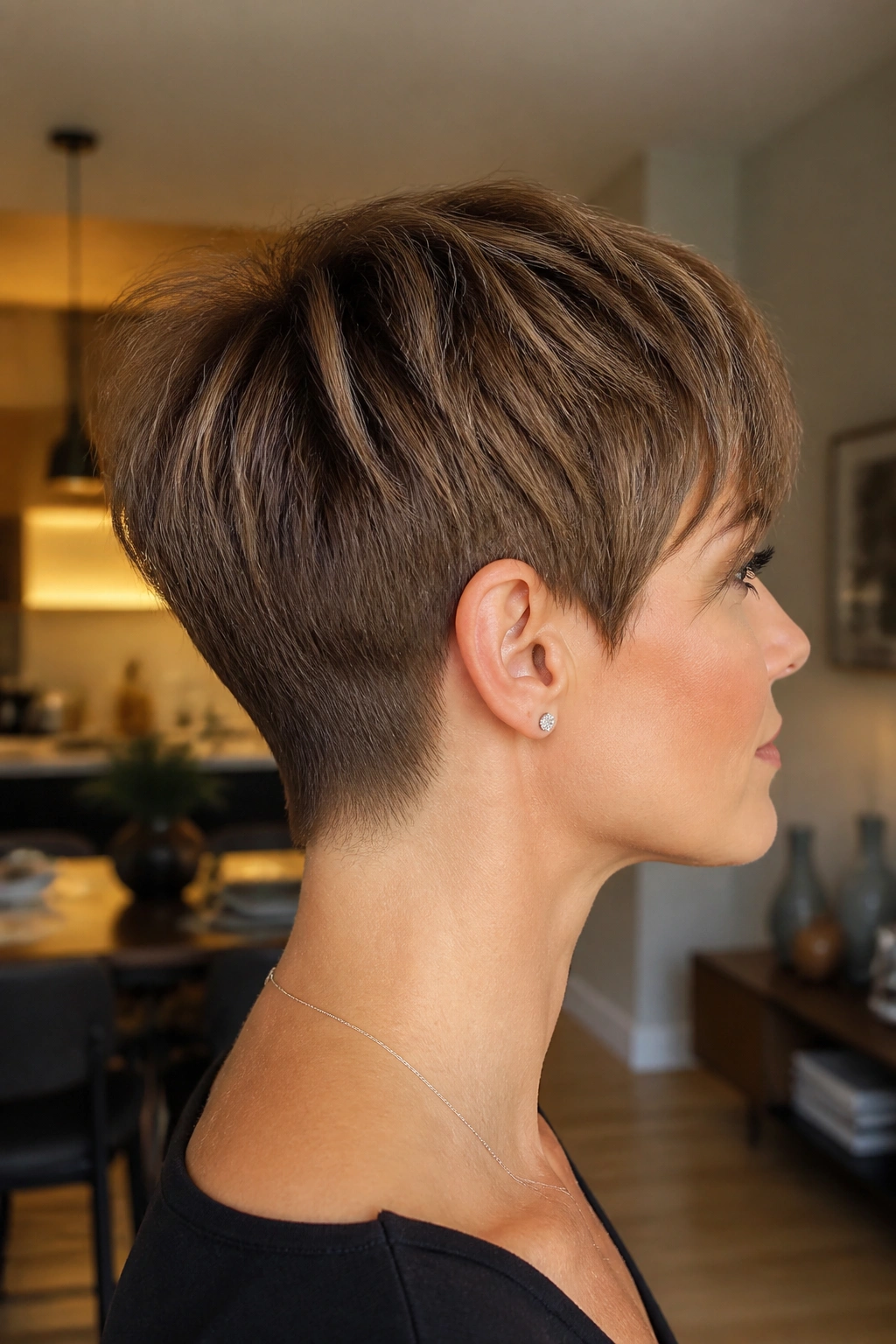 Profile portrait of real woman with tapered nape pixie
