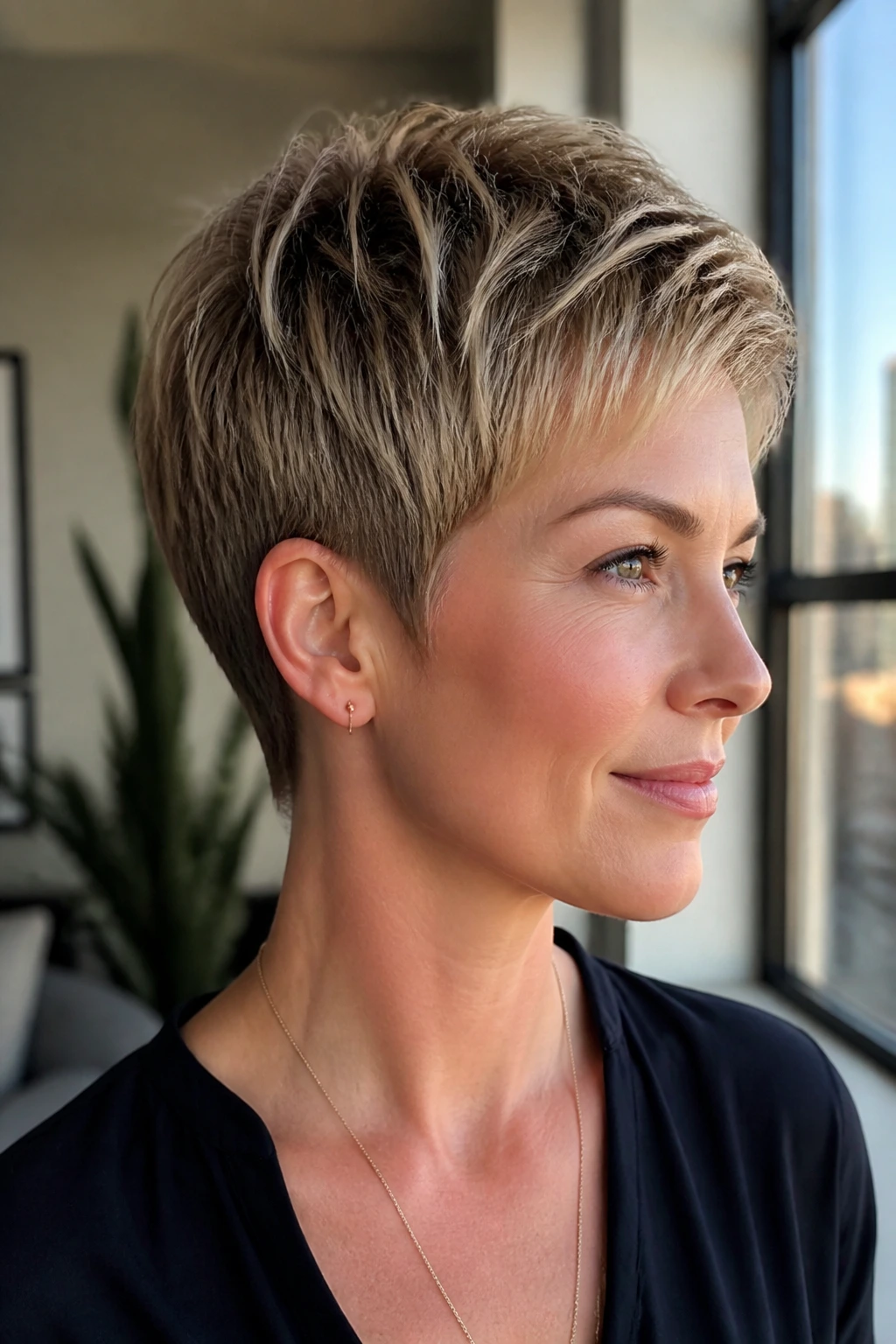Close-up of a real person with a tapered nape pixie haircut.