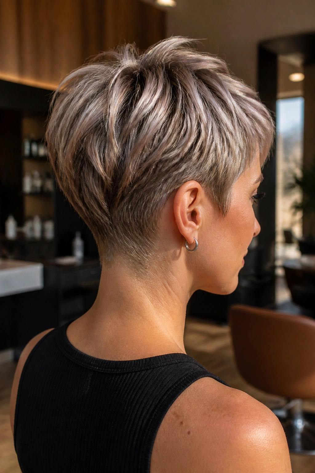 Profile view of a real person with a tapered nape pixie haircut