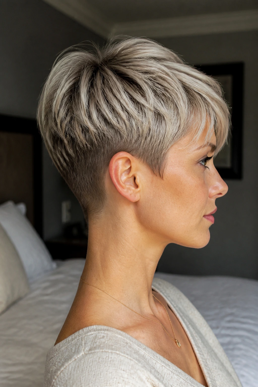 Close-up of a real woman with a tapered nape pixie hairstyle.