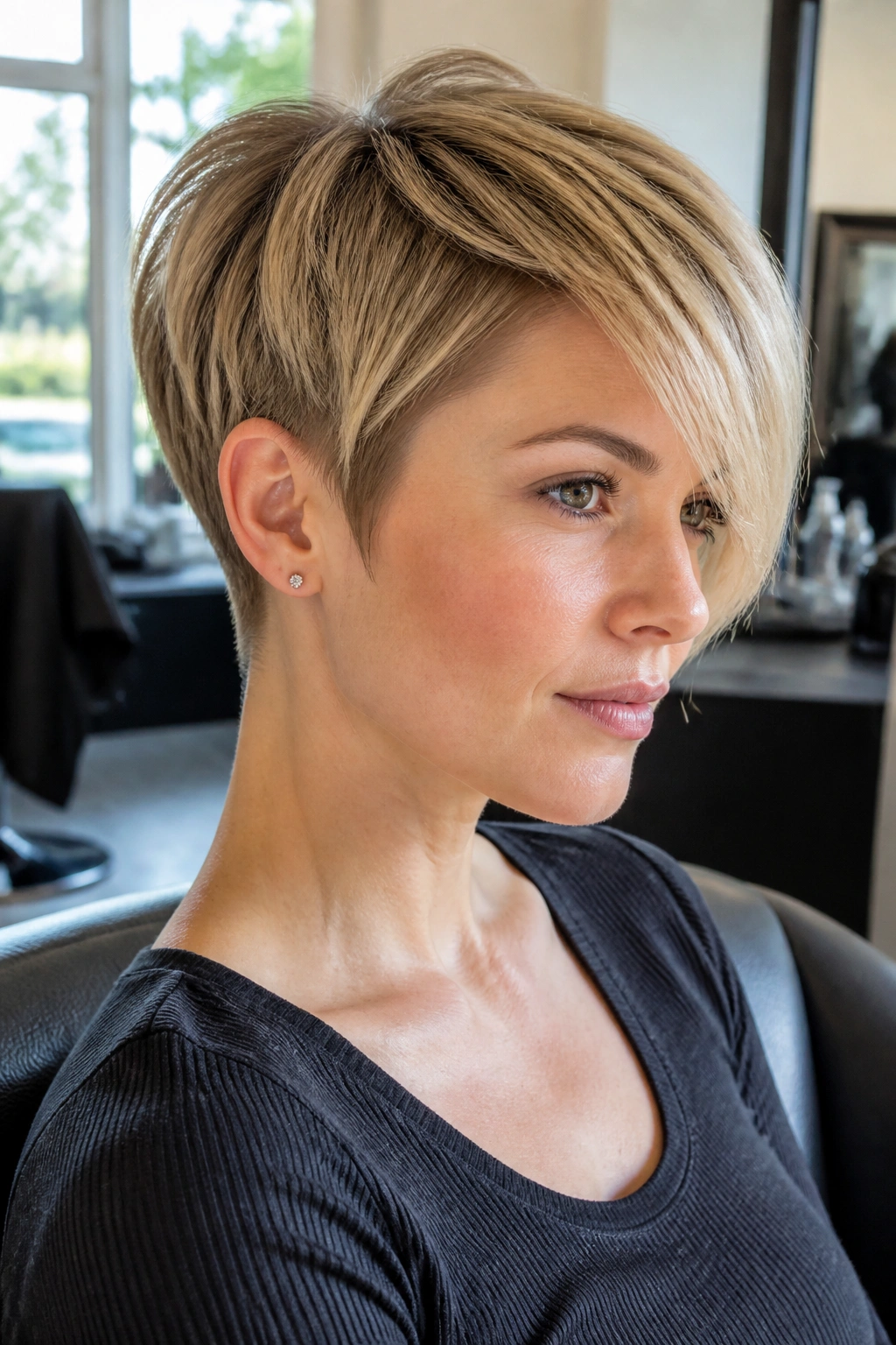 Close-up of real woman with tapered nape pixie and side-swept fringe in daylight salon